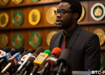Zimbabwean government official speaking about cryptocurrency regulation at a press conference.
