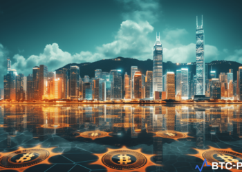 Hong Kong skyline with digital cryptocurrency icons representing DeFi and metaverse technology.