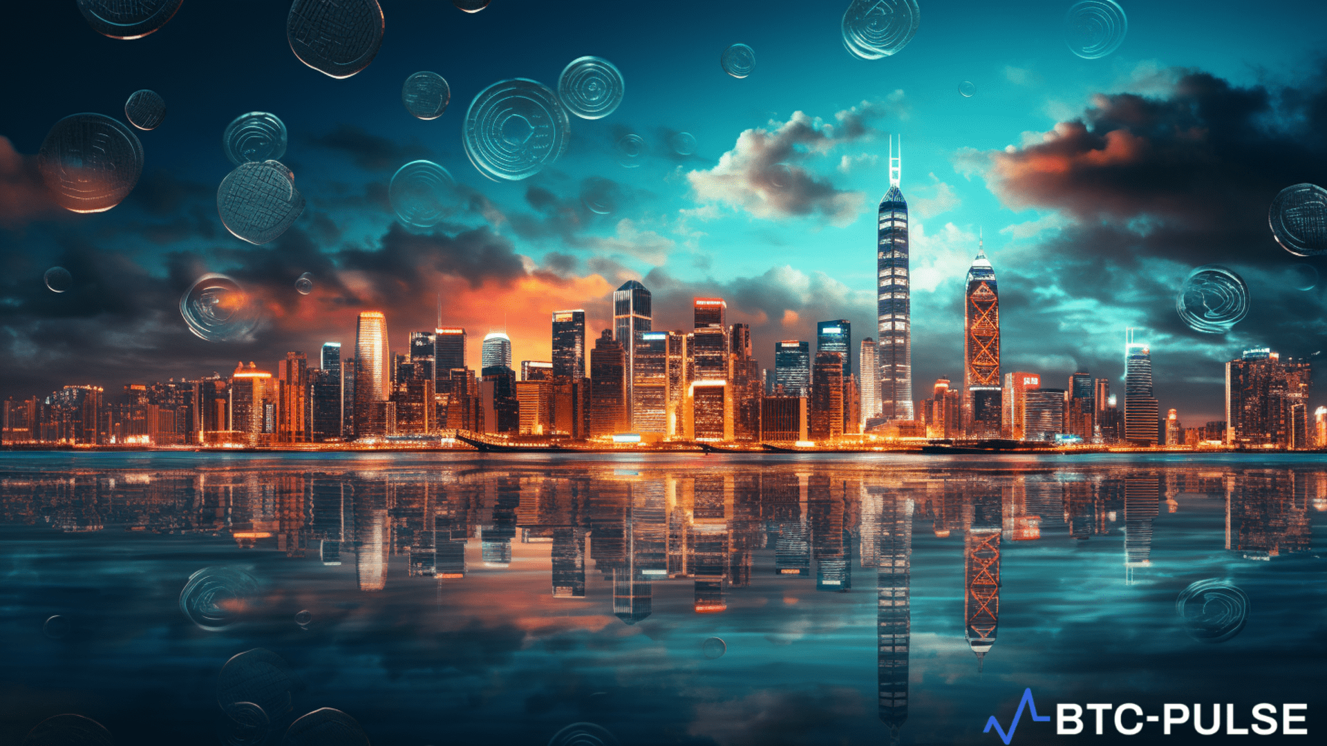 A view of Hong Kong's skyline with digital cryptocurrency icons overlay.
