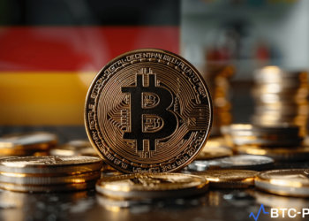 A digital representation of Bitcoin with the German flag in the background.