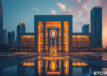 Dubai Court building with a cryptocurrency symbol representing the legal acceptance of crypto salaries.