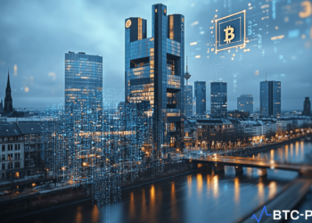 European Central Bank headquarters in Frankfurt, Germany, with digital currency symbols overlay.