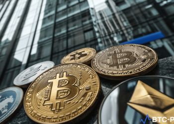 A graphic of the Financial Conduct Authority building with crypto coins and the Google logo in the foreground.