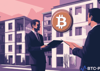 A real estate agent discussing property deals, with a Bitcoin logo in the background representing crypto payments.