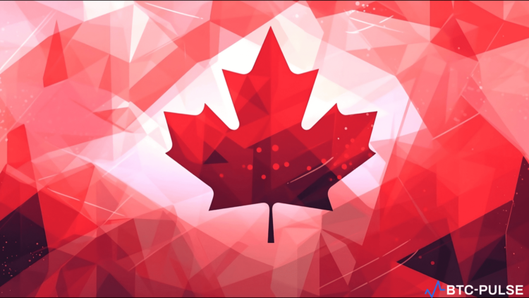 Red Canadian maple leaf on an abstract polygon background.