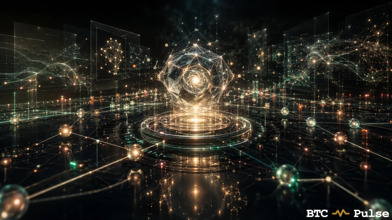 Glowing faceted core surrounded by neural-network nodes and transparent data panels.