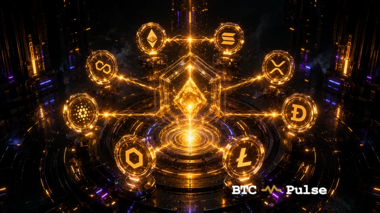 Ethereum, Solana, XRP, Dogecoin, Litecoin, Chainlink, Cardano, and Polygon emblems around a central crystal.