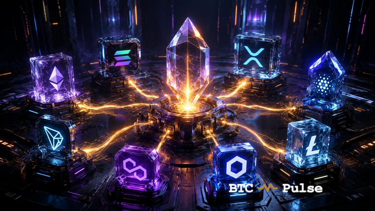 Ethereum, Solana, XRP, Cardano, TRON, Polygon, Chainlink, and Litecoin emblems surrounding a glowing crystal.