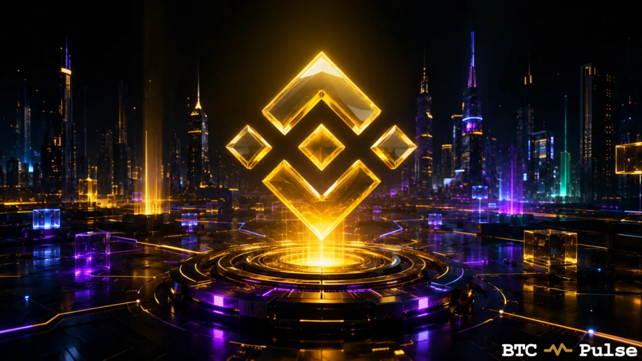 Faceted golden Binance emblem floating above a circular platform in a dark neon city.