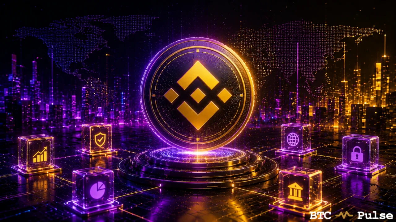Binance emblem coin surrounded by global, security, market, and banking icons.