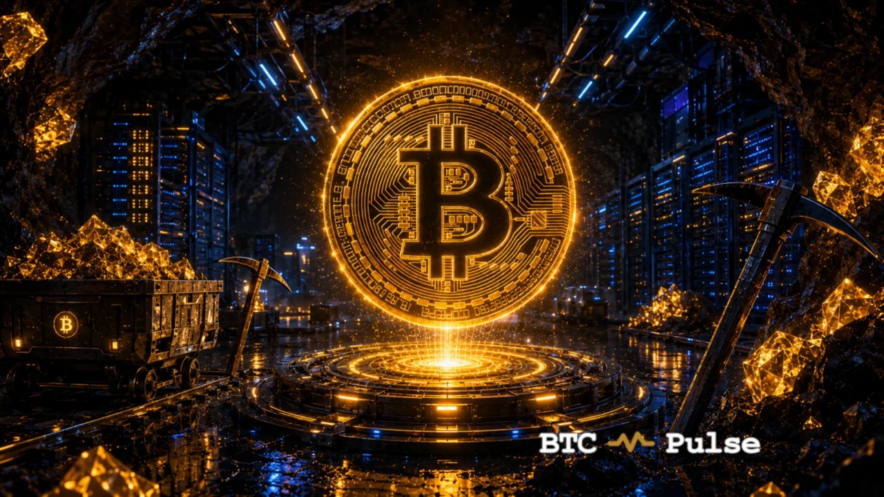 Glowing Bitcoin coin in a cave between server racks, golden crystals, a mine cart, and pickaxes.