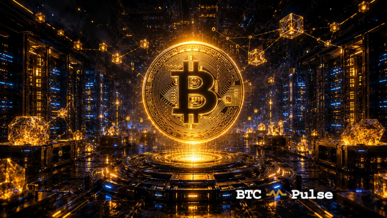 Glowing Bitcoin coin floating between server racks and connected golden data forms.