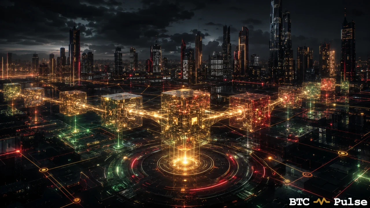 Transparent glowing cubes linked across a dark digital city network.
