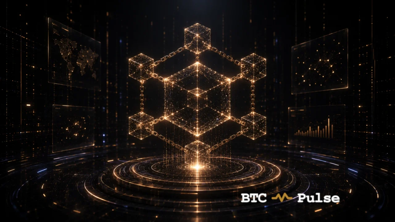Cubos de datos blockchain conectados con paneles de red y mapa mundial.