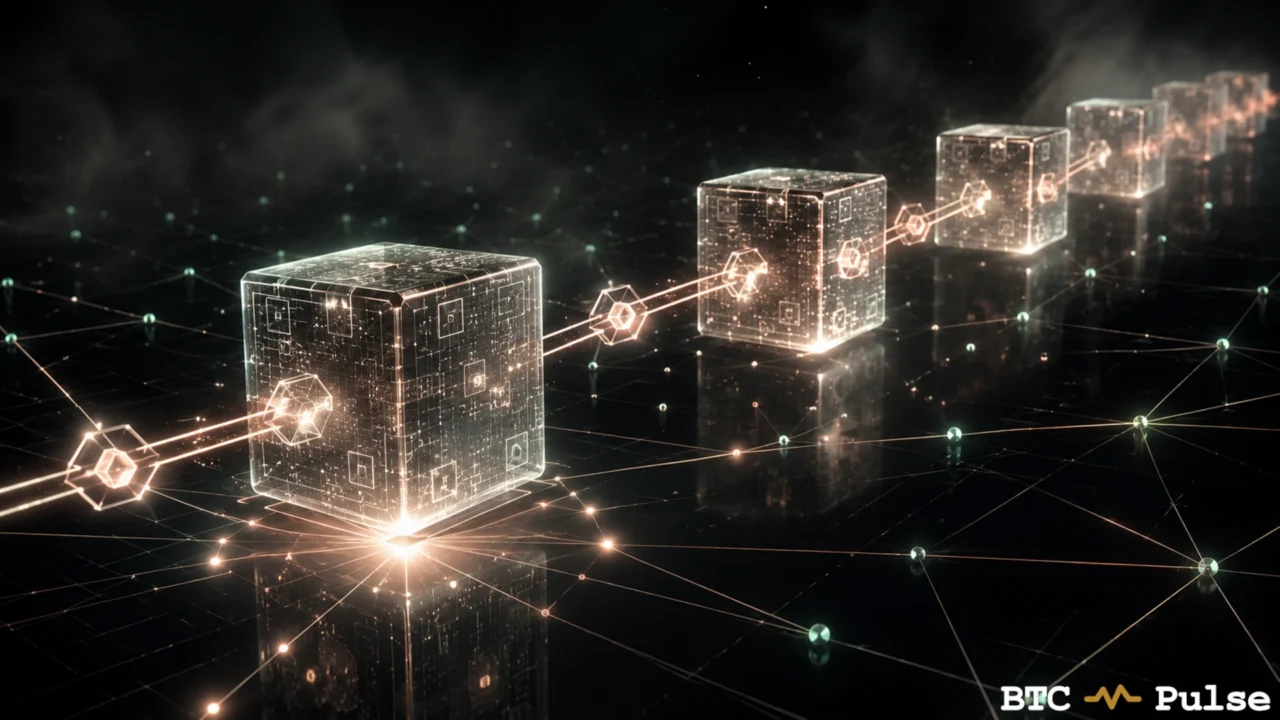 Concept illustration of a connected blockchain network.