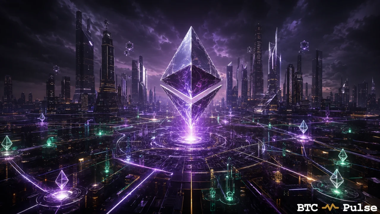 Large purple Ethereum emblem above a connected network in a futuristic city.