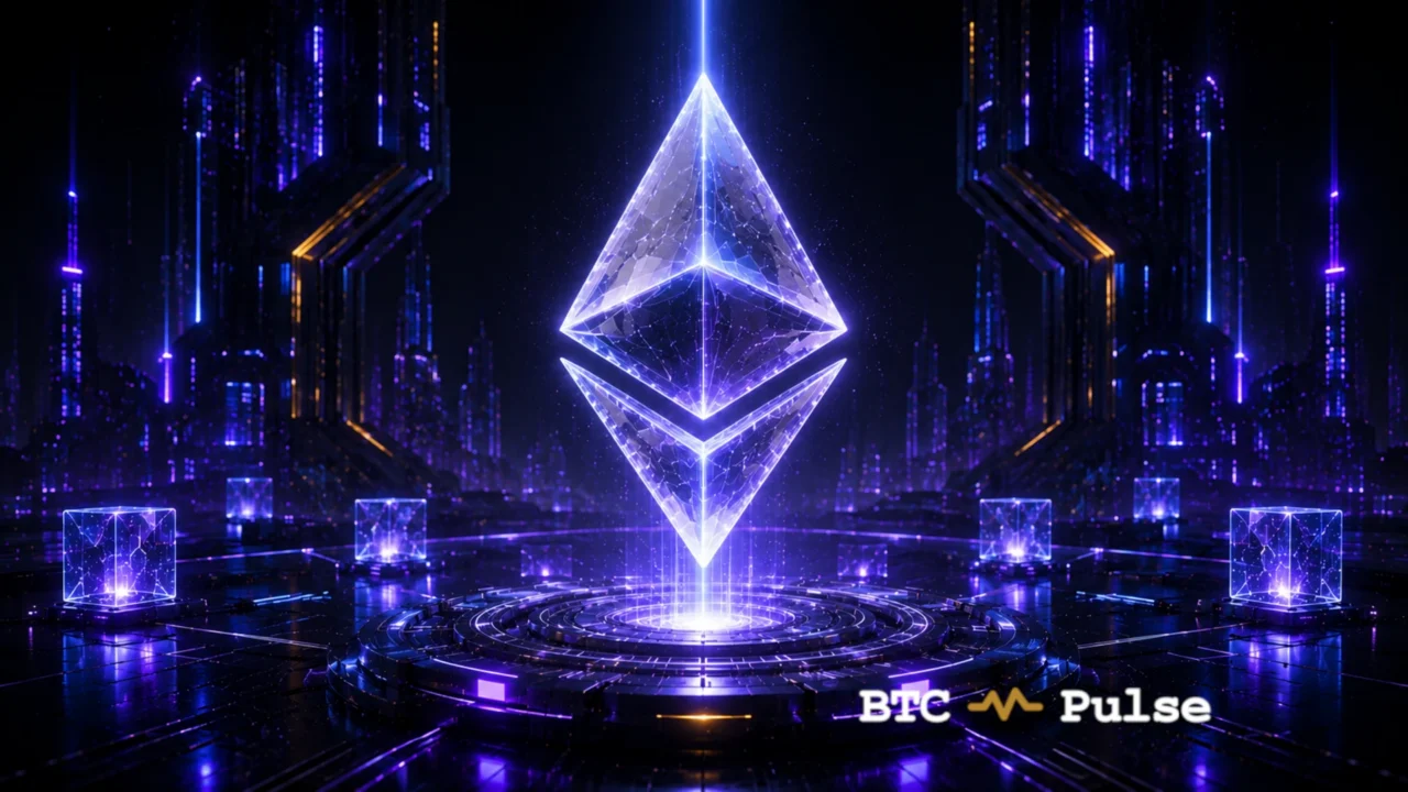 White and violet crystalline Ethereum emblem floating above a neon circular platform.