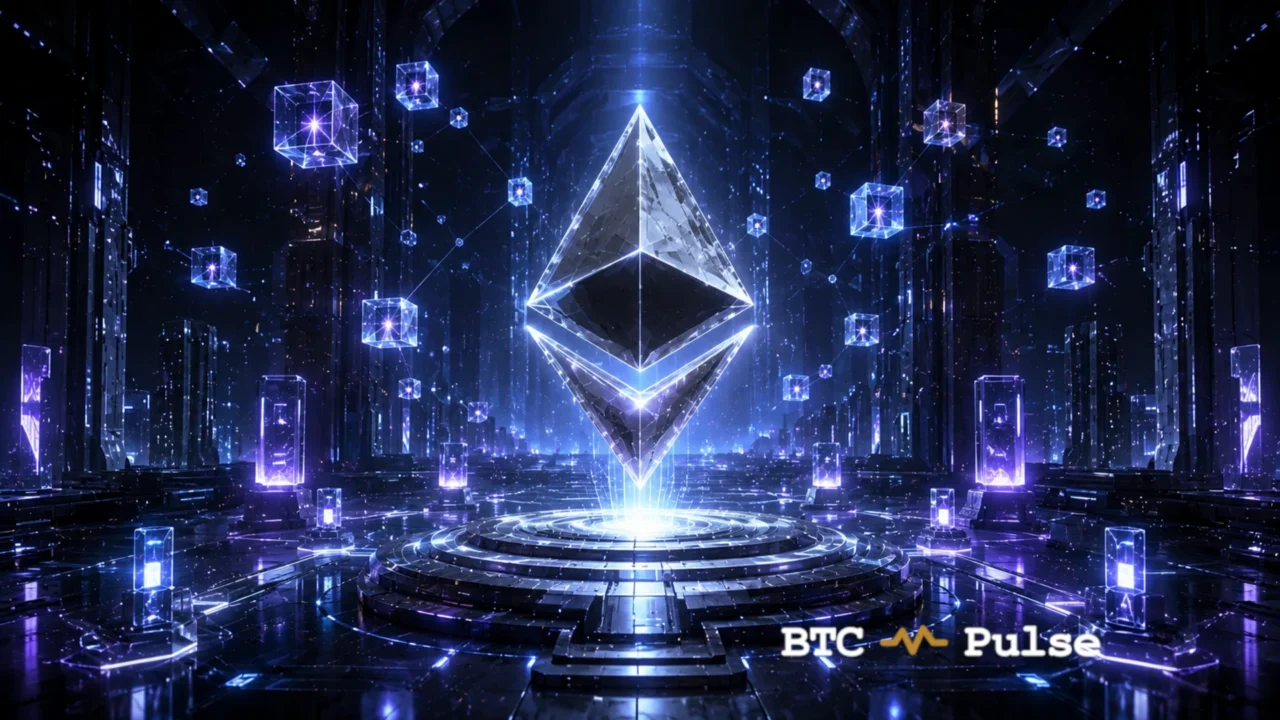Silver Ethereum emblem floating above a platform among blue and violet data cubes.