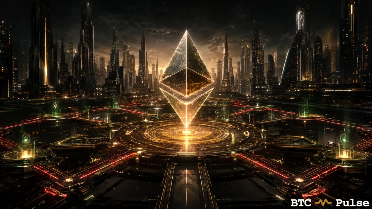 Golden Ethereum emblem over a network hub in a dark futuristic city.