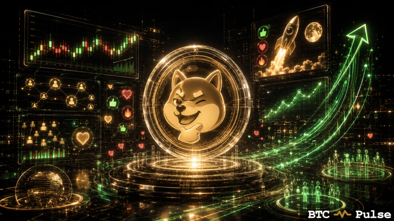 Winking dog meme coin surrounded by social icons, a rocket, and rising market charts.