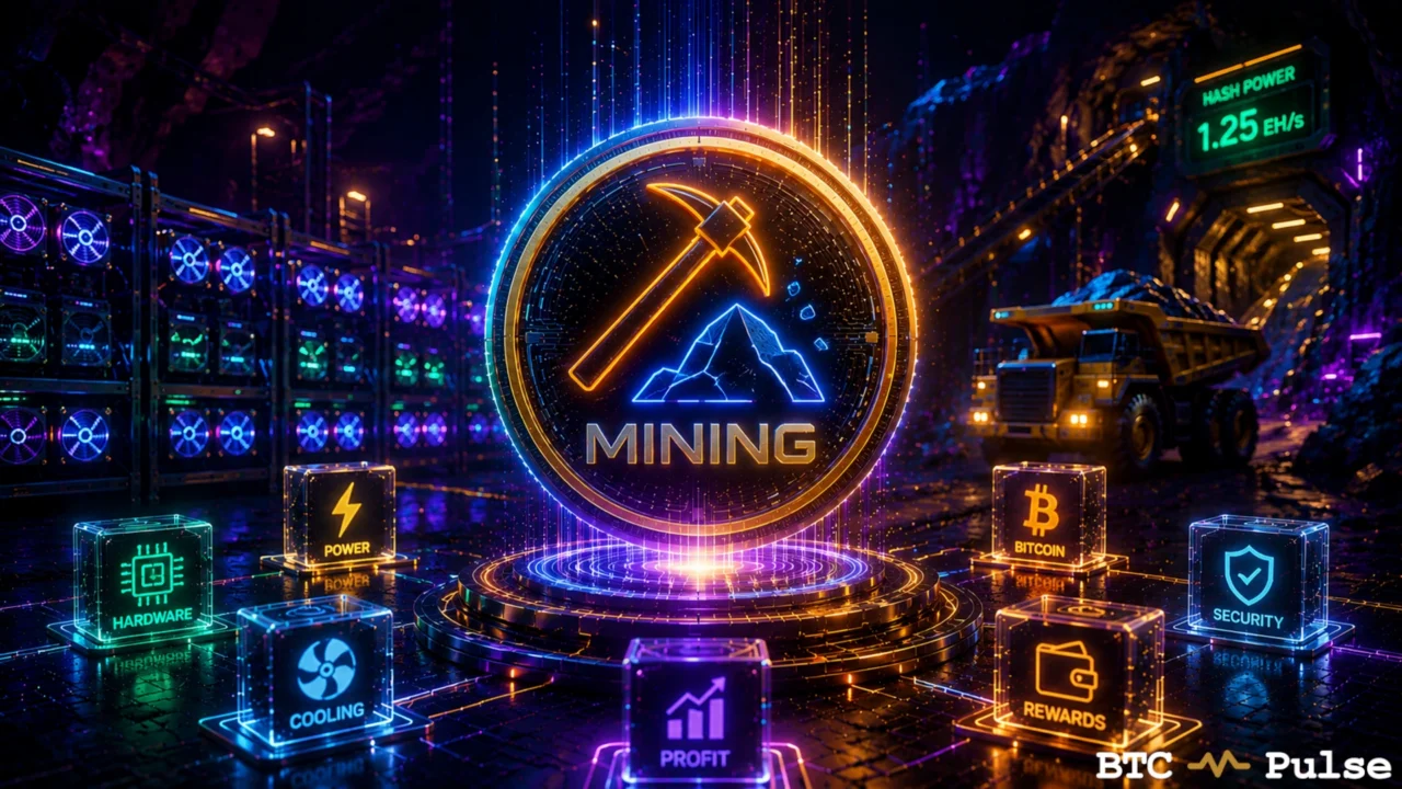 Bitcoin mining scene with computing rigs, a mine truck, pickaxe coin, and hash-power display.