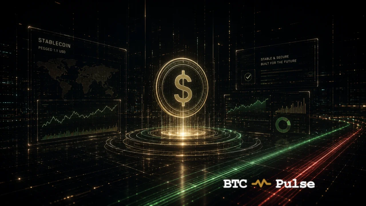 Dollar-sign coin surrounded by stablecoin text, world map, rising charts, volume bars, and a check mark.