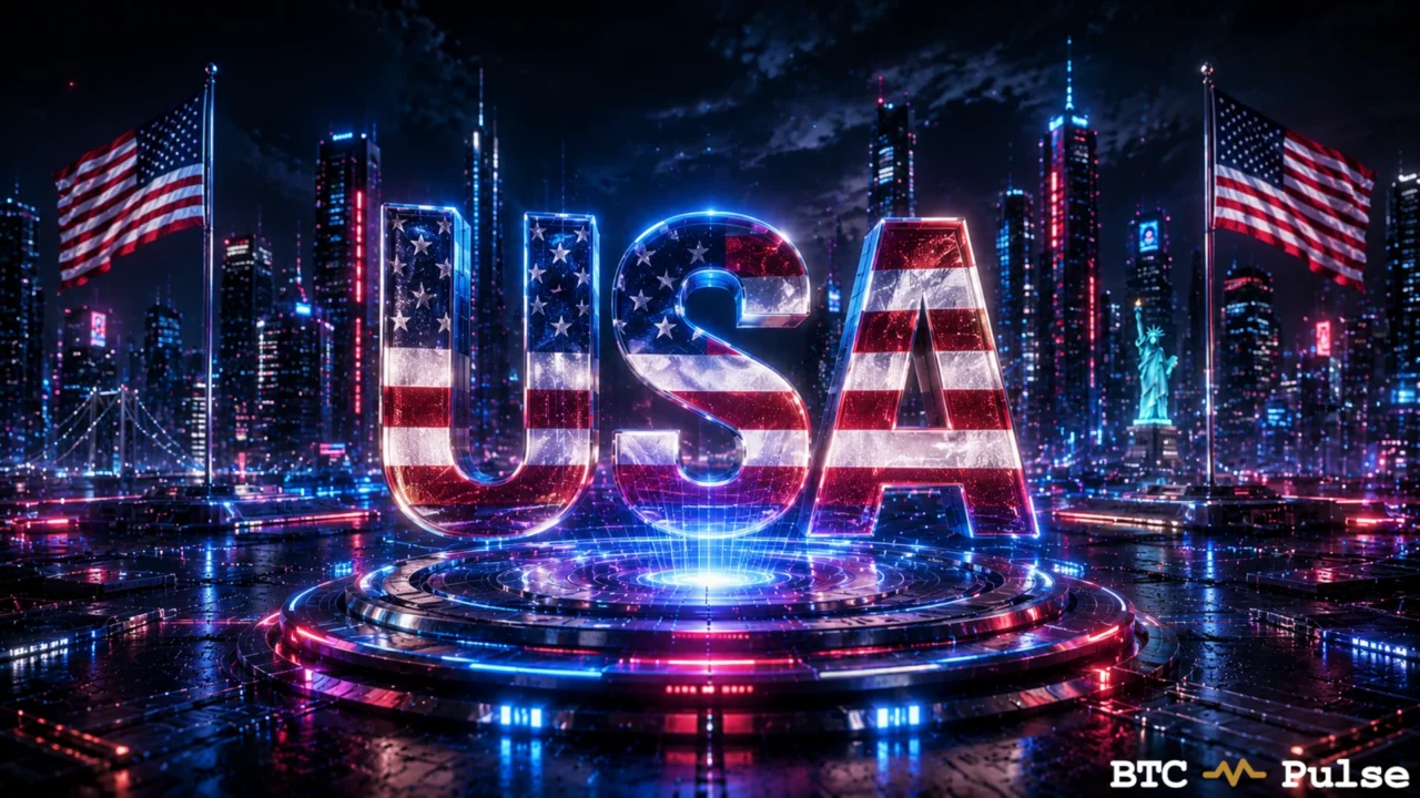 Stars-and-stripes USA letters between two American flags against a glowing nighttime city skyline.