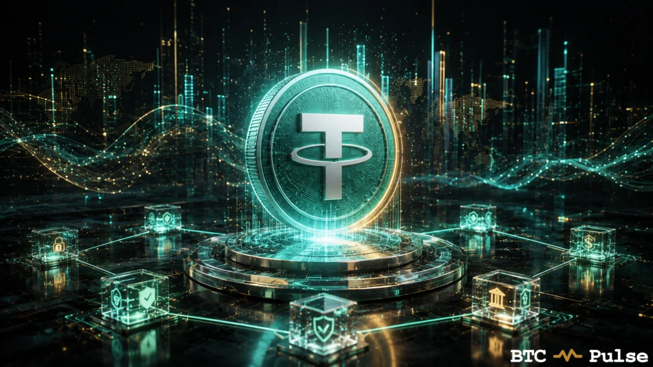 Tether coin surrounded by security, banking, dollar, and verification icons.