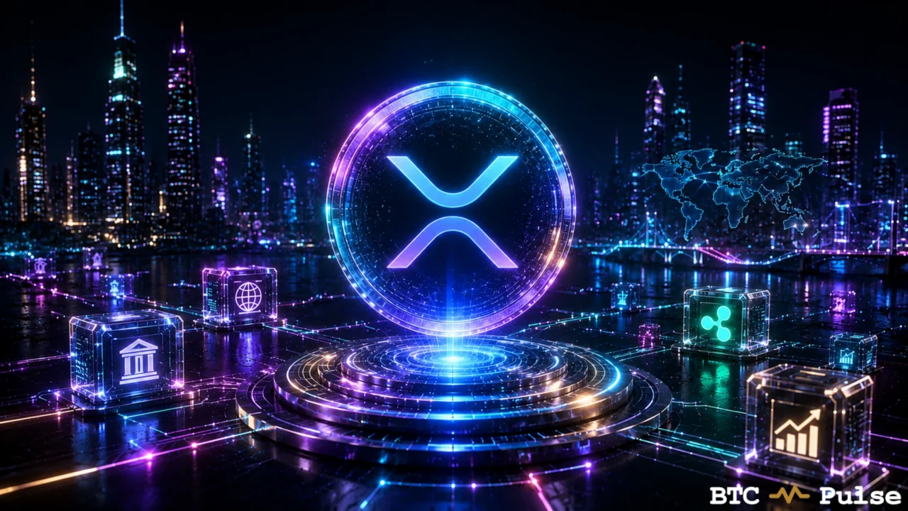 Glowing XRP coin surrounded by bank, globe, Ripple, chart, and world-map graphics in a neon city.