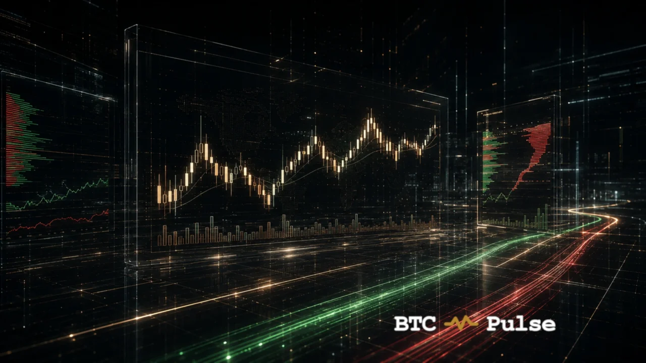 Transparent screens showing a candlestick chart, world map, volume bars, and red-green market depth.