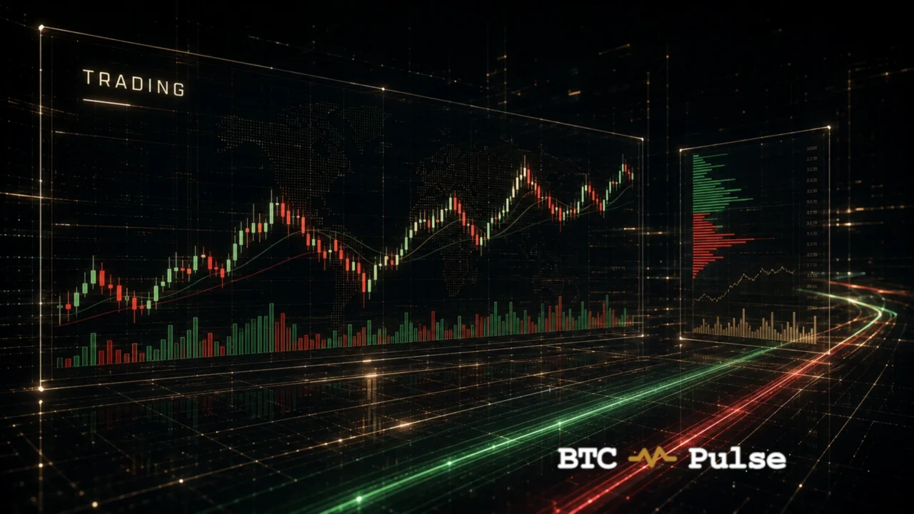 Trading display with red-green candlesticks, volume bars, world map, and order-depth profile.