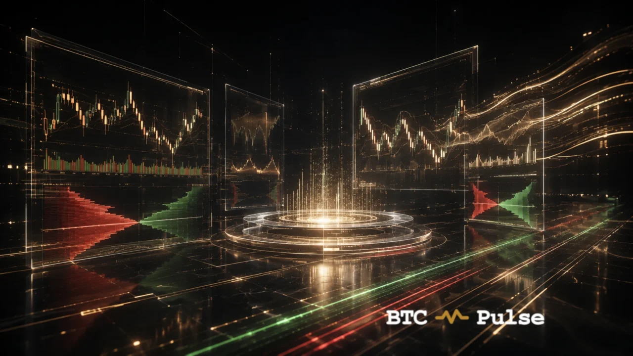 Floating trading screens with candlesticks, volume bars, and red-green market depth around a glowing platform.