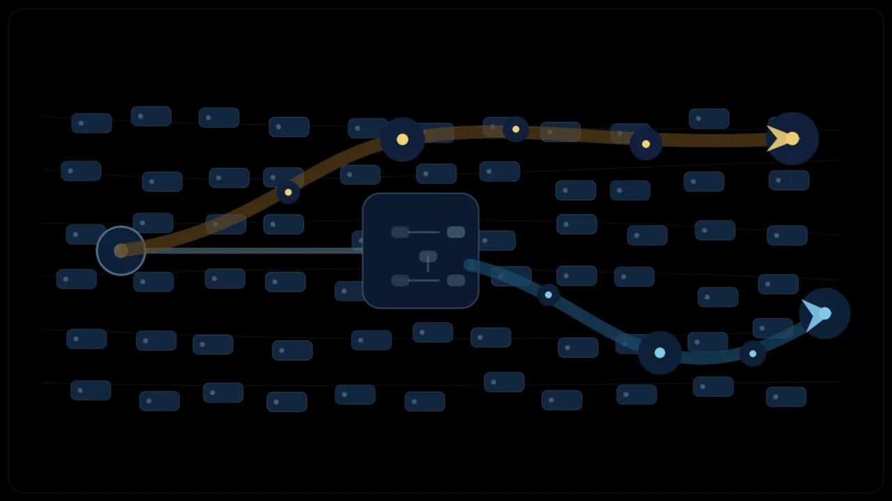 An unconfirmed transaction path branching into replacement and child-transaction routes inside a dark network queue.