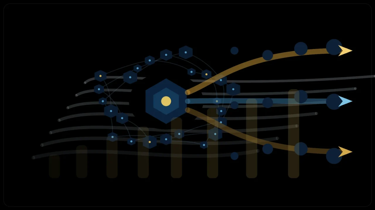 Flowing object-like network paths converge around layered supply bands and three abstract valuation routes in a dark blue scene.