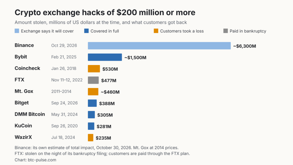 Crypto exchange hacks of $200 million or more Bar chart of crypto exchange hacks of $200 million or more, led by Binance at about $6.3 billion in 2026 and Bybit at about $1.5 billion in 2025, colored by whether customers were repaid
