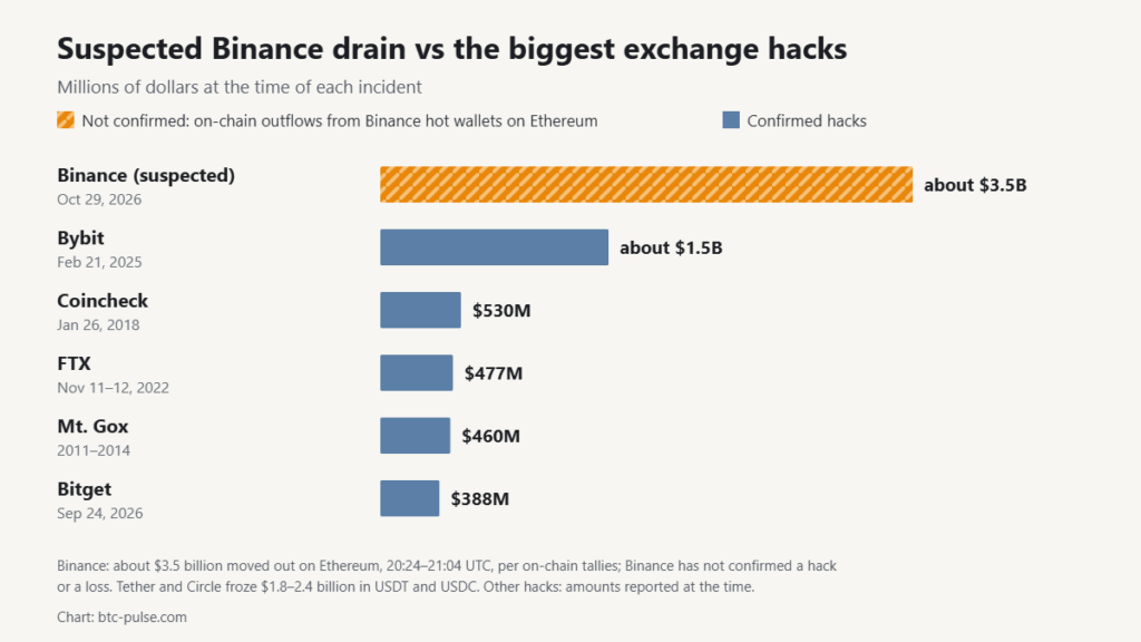 Bar chart comparing the suspected Binance drain of about $3.5 billion on October 29, 2026 with confirmed exchange hacks, led by Bybit at about $1.5 billion